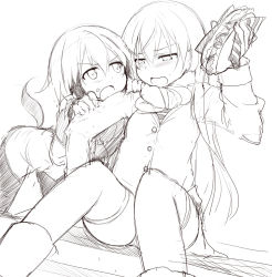 Rule 34 | 2girls, arm grab, atahuta, bad id, bad pixiv id, black legwear, eila ilmatar juutilainen, erica hartmann, food, food on face, hot dog, long hair, messy, monochrome, multicolored hair, multiple girls, pantyhose, scarf, sketch, strike witches, tail, thighhighs, two-tone hair, world witches series
