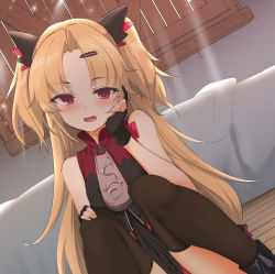 Rule 34 | 1girl, :d, akatsuki uni, bare arms, bare shoulders, black dress, black gloves, black thighhighs, blonde hair, blush, commentary request, dress, dutch angle, fang, gloves, hair ornament, hairclip, hand up, highres, indoors, knees up, long hair, looking at viewer, momio, open mouth, parted bangs, partially fingerless gloves, red eyes, sitting, sleeveless, sleeveless dress, smile, solo, thighhighs, two side up, uni create, very long hair, virtual youtuber, wooden floor, zipper pull tab