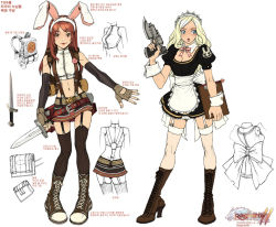Rule 34 | 2girls, :3, animal ears, apron, backpack, bag, black dress, blonde hair, blue eyes, boots, breasts, brown eyes, brown footwear, brown gloves, brown hair, brown legwear, cleavage, clipboard, closed mouth, commentary request, concept art, crop top, cross-laced footwear, dagger, dated commentary, detached collar, dress, elbow gloves, fake animal ears, fingerless gloves, full body, garter straps, gloves, grandyoukan, gun, hairband, handgun, high heel boots, high heels, holding, holding clipboard, holding dagger, holding knife, holding weapon, kafra uniform, knife, korean commentary, korean text, long hair, looking at viewer, looking to the side, maid, maid headdress, medium breasts, midriff, multiple girls, navel, novice (ro2), official art, open mouth, poring, puffy short sleeves, puffy sleeves, rabbit ears, ragnarok online 2: gate of the world, revolver, selphy (ragnarok online 2), shirt, short sleeves, simple background, smile, standing, thighhighs, translation request, waist apron, weapon, white apron, white background, white hairband, white legwear, white shirt, wrist cuffs