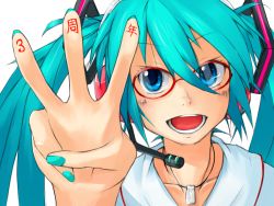 Rule 34 | 1girl, bespectacled, blue eyes, blue hair, blue nails, blush, body writing, boru (ochagashi), commentary request, finger counting, glasses, hair between eyes, hair ornament, hatsune miku, headset, hood, hoodie, jewelry, looking at viewer, nail polish, necklace, open mouth, portrait, red-framed eyewear, simple background, smile, solo, twintails, vocaloid, w, white background, white hoodie