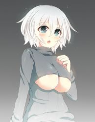 Rule 34 | 1girl, bad id, bad pixiv id, blue eyes, breasts, colored eyelashes, grey sweater, hair between eyes, hand on own chest, large breasts, long sleeves, looking at viewer, meme attire, messy hair, open-chest sweater, open mouth, original, sakakidani, short hair, silver hair, solo, sweater, underboob, upper body