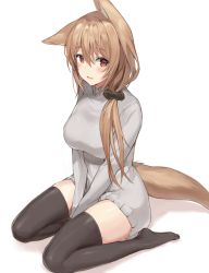 Rule 34 | 1girl, animal ear fluff, animal ears, between legs, black scrunchie, black thighhighs, blush, brown hair, commentary request, fang, fox ears, fox girl, fox tail, grey sweater, hair between eyes, hair ornament, hair over shoulder, hair scrunchie, hand between legs, highres, hinako (anzu15), long hair, long sleeves, looking at viewer, no shoes, original, parted lips, red eyes, scrunchie, shadow, smile, solo, sweater, tail, thighhighs, white background