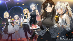 Rule 34 | 6+girls, alcohol, alternate costume, anniversary, apron, aug para (girls&#039; frontline), bag, bahao diqiu, bare shoulders, belt, black dress, black eyes, blonde hair, blue eyes, blush, bow, braid, breasts, cake, cake slice, champagne, champagne bottle, champagne flute, choker, cleavage, cleavage cutout, clothing cutout, cup, detail/4598808270867421, dress, drinking glass, earrings, eyewear on head, food, g36 (girls&#039; frontline), general liu (girls&#039; frontline), girls&#039; frontline, gloves, grin, hair bow, handbag, hat, highres, jewelry, large breasts, long hair, looking at viewer, m200 (girls&#039; frontline), maid headdress, midriff, multiple girls, navel, necklace, open mouth, pants, pearl necklace, purple eyes, silver hair, single braid, sl8 (girls&#039; frontline), small breasts, smile, squirrel, sunglasses, tray, twintails, vhs (girls&#039; frontline), white apron, white belt, white dress, yellow eyes