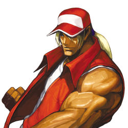 Rule 34 | 1boy, baseball cap, blonde hair, blue eyes, fatal fury, fingerless gloves, gloves, hat, hat over one eye, highres, male focus, muscular, nona, official art, one eye covered, ponytail, sleeveless, snk, solo, svc chaos, terry bogard, the king of fighters, vest