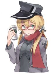 Rule 34 | 10s, 1girl, anchor hair ornament, aqua eyes, bespectacled, blonde hair, blush, breath, cross, glasses, green eyes, hair ornament, hat, iron cross, jacket, kantai collection, looking at viewer, makihitsuji, military, military hat, military jacket, military uniform, no gloves, peaked cap, prinz eugen (kancolle), red-framed eyewear, red scarf, scarf, simple background, solo, starbucks, twintails, uniform, upper body, white background