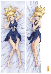 Rule 34 | 1girl, absurdres, armpits, arms up, bare legs, barefoot, blonde hair, blue dress, breasts, choker, cleavage, closed mouth, copyright name, dakimakura (medium), dr. stone, dress, green eyes, highres, kohaku (dr. stone), large breasts, looking at viewer, lying, medium hair, multiple views, official art, on back, on side, parted lips, ponytail, short dress, sidelocks, smile, solo, white choker