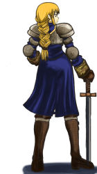 Rule 34 | 1girl, agrias oaks, armor, ass, blonde hair, boots, braid, braided ponytail, brown eyes, elbow pads, final fantasy, final fantasy tactics, gloves, knight, kurotori, long hair, pauldrons, shadow, shoulder armor, shoulder pads, simple background, single braid, solo, sword, weapon, white background