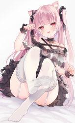 Rule 34 | 1girl, :d, animal ear fluff, animal ears, black dress, black ribbon, blush, cat ears, dress, ear piercing, earrings, extra ears, feet, foot focus, foot up, frilled dress, frills, garter straps, hair ornament, hair ribbon, hololive, jewelry, long hair, looking at viewer, muzin chan, no shoes, open mouth, paw pose, piercing, pink hair, red eyes, ribbon, short dress, short sleeves, skull earrings, smile, solo, thighhighs, twitter username, two side up, uruha rushia, uruha rushia (3rd costume), very long hair, virtual youtuber, white background, white thighhighs, wrist cuffs
