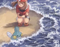 Rule 34 | 1girl, bad id, bad pixiv id, bandana, beach, brown hair, closed eyes, closed mouth, creatures (company), facing viewer, game freak, gen 3 pokemon, gloves, highres, long hair, may (pokemon), miniskirt, mudkip, multicolored clothes, multicolored gloves, nintendo, ocean, pokemon, pokemon (creature), pokemon rse, red bandana, red shirt, shadow, shirt, shoes, short sleeves, skirt, smile, squatting, tanbo-san, water, waves, white skirt, wind