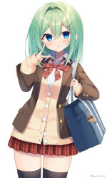 Rule 34 | 1girl, :o, bag, bag charm, black thighhighs, blue bag, blue eyes, bow, bowtie, brown jacket, buttons, cardigan, charm (object), collared shirt, commentary request, green eyes, hair between eyes, hair intakes, hair ornament, hairclip, highres, jacket, long hair, looking away, miniskirt, open clothes, open jacket, original, parted lips, partial commentary, plaid, plaid skirt, pleated skirt, red bow, red bowtie, red skirt, school bag, school uniform, shirai tanuki, shirt, shoulder bag, sidelocks, simple background, skirt, solo, takeda emi, thighhighs, twitter username, white background, white shirt, wing collar, yellow cardigan, zettai ryouiki