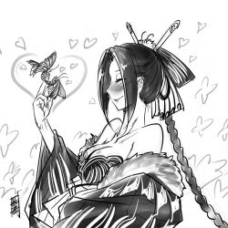 Rule 34 | 1girl, antaria, bare shoulders, blush, breasts, bug, butterfly, closed eyes, greyscale, hair ornament, heart, bug, large breasts, lips, monochrome, signature, sketch, smile, solo, white background