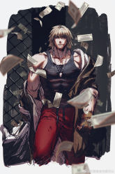 Rule 34 | 1boy, bara, black tank top, blonde hair, blood, blood on face, coat partially removed, covered abs, cropped legs, dog tags, dougi, facial hair, fence, highres, ken masters, looking at viewer, male focus, mature male, medium hair, money rain, muscular, muscular male, pants, pectorals, red pants, shirt, sidepec, solo, spotlight, street fighter, street fighter 6, stubble, tank top, thick eyebrows, tight clothes, tight shirt, undressing, unfinished, yuiofire