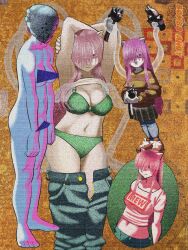 Rule 34 | 1girl, animal ears, arms up, bombsah0y, bra, breasts, cat ears, censored, cleavage, clothes lift, elfen lied, green bra, green panties, gun, highres, long hair, lucy (elfen lied), mask, medium breasts, midriff, panties, pants, pink hair, shirt, shirt lift, skirt, sweater, unbuttoned pants, underwear, weapon