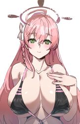 Rule 34 | 1girl, ahoge, bare arms, bikini, black bikini, blue archive, blush, bow, bow (bhp), braid, breasts, cleavage, closed mouth, collarbone, green eyes, hair between eyes, hair bow, halo, hanako (blue archive), hand on own chest, heart, heart in eye, huge breasts, large breasts, long hair, looking at viewer, pink hair, side braid, simple background, smile, solo, swimsuit, symbol in eye, upper body, very long hair, white background, white bow