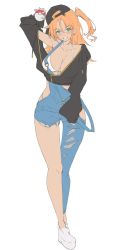 Rule 34 | 1girl, armpits, asymmetrical hair, back, bra, breasts, creatures (company), denim, game freak, green eyes, gym leader, hat, highres, huuuna, jeans, large breasts, legs, long hair, misty (pokemon), nintendo, orange hair, pants, pokemon, pokemon rgby, ponytail, shirt, side ponytail, solo, standing, tank top, thighs, thong, torn clothes, underwear, white shirt