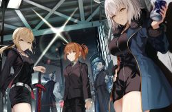 Rule 34 | 2boys, 3girls, ahoge, artoria pendragon (all), artoria pendragon (fate), belt, black camisole, black dress, black jacket, black neckwear, black pants, black ribbon, black shorts, blonde hair, blue butterfly, blue coat, blue jacket, bug, building, butterfly, camisole, can, cape, coat, collared shirt, commentary request, crushed can, dark persona, dress, excalibur morgan (fate), facial hair, fate/grand order, fate (series), formal, from below, fujimaru ritsuka (female), fujimaru ritsuka (female) (royal brand), full-length zipper, fur-trimmed coat, fur-trimmed jacket, fur-trimmed sleeves, fur trim, gloves, grey shirt, grin, hair slicked back, high ponytail, highres, holding, holding can, holding sword, holding weapon, insect, jacket, james moriarty (archer) (fate), jeanne d&#039;arc (fate), jeanne d&#039;arc alter (fate), jeanne d&#039;arc alter (ver. shinjuku 1999) (fate), jewelry, lens flare, low ponytail, low tied hair, magnifying glass, motto (night wear), multiple boys, multiple girls, mustache, necklace, night, night sky, official alternate costume, old, old man, open clothes, open coat, open jacket, orange eyes, orange hair, pant suit, pants, ponytail, ribbon, saber alter, saber alter (ver. shinjuku 1999) (fate), sherlock holmes (fate), shirt, short dress, short hair, short shorts, shorts, sidelocks, silver hair, sky, smile, standing, suit, sword, thighs, weapon, white belt, white gloves, wicked dragon witch ver. shinjuku 1999, yellow eyes, zipper