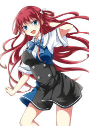 Rule 34 | 10s, 1girl, blue eyes, bow, grisaia (series), grisaia no kajitsu, hair bow, hand in own hair, highres, long hair, looking at viewer, open mouth, red hair, simple background, solo, suou amane, tm-pika, white background, white bow