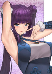Rule 34 | 1girl, absurdres, arm behind head, arm up, armpits, bare shoulders, blue dress, blue eyes, blunt bangs, blush, breasts, china dress, chinese clothes, detached sleeves, double bun, dress, fate/grand order, fate (series), fle en, hair bun, highres, large breasts, long hair, looking at viewer, open mouth, purple hair, sidelocks, solo, sweat, twintails, very long hair, yang guifei (fate), yang guifei (first ascension) (fate)