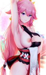 Rule 34 | 1girl, animal ears, arm up, armpits, backlighting, bare shoulders, breast slip, breasts, closed mouth, collarbone, cowboy shot, day, fox ears, genshin impact, groin, hair between eyes, hair ornament, hand up, highres, large breasts, long hair, looking afar, low-tied long hair, nipples, no panties, nontraditional miko, obi, one breast out, outdoors, pink hair, purple eyes, sash, shibanme tekikumo, sleeveless, smile, stairs, turtleneck, yae miko