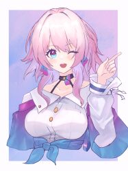 Rule 34 | 1girl, absurdres, black choker, blue eyes, blue jacket, border, breasts, buttons, choker, commentary, commentary request, cropped torso, dress shirt, earrings, gradient jacket, hand up, highres, honkai: star rail, honkai (series), index finger raised, jacket, jewelry, kia 01, long sleeves, looking at viewer, march 7th (honkai: star rail), medium breasts, medium hair, one eye closed, open mouth, outside border, partial commentary, pink eyes, pink hair, pink jacket, shirt, smile, solo, tied jacket, two-tone eyes, white border, white shirt