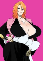 Rule 34 | 1girl, absurdres, alternate hair length, alternate hairstyle, badge, black kimono, bleach, blue eyes, bow, breasts, cleavage, collarbone, commentary, contrapposto, cowboy shot, curvy, expressionless, fukutaichou badge, hair between eyes, hand on hilt, highres, huge breasts, japanese clothes, jewelry, katana, kimono, kyuugata, large bow, lips, looking at viewer, matsumoto rangiku, medium hair, mole, mole under eye, necklace, orange hair, parted bangs, parted lips, pink background, pink shawl, shawl, simple background, solo, standing, sword, weapon, white bow