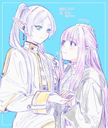 Rule 34 | 2girls, absurdres, animal ears, black robe, blue background, blue eyes, commentary request, dated, earrings, elf, fern (sousou no frieren), frieren, grey hair, hand on another&#039;s head, headpat, highres, holding hands, jewelry, multiple girls, pointy ears, purple eyes, purple hair, robe, smile, sound effects, sousou no frieren, tearing up, tears, thick eyebrows, translation request, twintails, twitter username, white robe, yuri kyanon