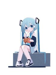 Rule 34 | 1girl, aqua eyes, aqua hair, aqua necktie, bare shoulders, black skirt, black sleeves, blue eyes, blue hair, boned meat, commentary, detached sleeves, eating, food, food in mouth, fork, hair ornament, hatsune miku, highres, hikimayu, holding, holding food, holding fork, knees together feet apart, long hair, looking at viewer, meat, miniskirt, necktie, pasta, shirt, shoes, sitting, skirt, sleeveless, sleeveless shirt, sneakers, solo, spaghetti, syare 0603, twintails, very long hair, vocaloid, white background, white shirt