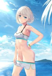 Rule 34 | 1girl, bare shoulders, beach, blue eyes, blue sky, blush, breasts, clothes pull, collarbone, dolphin shorts, grey hair, highres, homu (seven deadly sins), idolmaster, idolmaster shiny colors, looking at viewer, navel, no panties, ocean, serizawa asahi, short hair, short shorts, shorts, shorts pull, sky, small breasts, smile, solo, thighs, white shorts