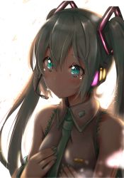 Rule 34 | 1girl, akino coto, aqua eyes, aqua hair, aqua necktie, backlighting, blush, closed mouth, commentary, detached sleeves, expressionless, hands on own chest, hatsune miku, headset, highres, long hair, necktie, sleeveless, smile, solo, tears, twintails, upper body, vocaloid