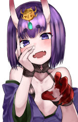 Rule 34 | 1girl, blood, blood on hands, blush, bob cut, collarbone, commentary request, evil smile, eyelashes, fangs, fate/grand order, fate (series), fingernails, flat chest, gem, hair ornament, hand on own face, head tilt, highres, hikimayu, horns, japanese clothes, kimono, laughing, looking at viewer, off shoulder, okitsugu, oni, open mouth, purple eyes, purple hair, sharp fingernails, short hair, shuten douji (fate), simple background, skin-covered horns, smile, solo, upper body, white background