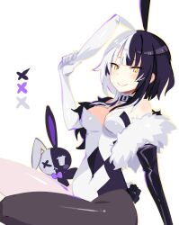 Rule 34 | 1girl, :&gt;, animal ears, asymmetrical gloves, bare shoulders, black collar, black gloves, black hair, black leotard, bunny day, closed mouth, collar, fake animal ears, feather boa, frilled collar, frills, gloves, grey hair, hand on own ear, highres, hololive, hololive english, kasumi koujou, leotard, long hair, looking at viewer, mismatched gloves, multicolored hair, playboy bunny, pulling own ear, rabbit, rabbit ears, rabbit tail, shiori novella, single leg pantyhose, smile, solo, split-color hair, strapless, strapless leotard, stuffed animal, stuffed toy, tail, two-tone hair, two-tone leotard, virtual youtuber, white background, white gloves, white leotard, yellow eyes