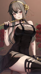 Rule 34 | 1girl, absurdres, black dress, black hair, black thighhighs, blood, blood on arm, breasts, brown background, dagger, dress, flower, gold hairband, gradient background, hairband, highres, holding, holding dagger, holding knife, holding weapon, knife, large breasts, red eyes, red flower, red rose, rose, sitting, solo, spy x family, thighhighs, thighs, weapon, yamikyon, yor briar