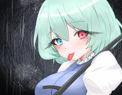 Rule 34 | 1girl, absurdres, black background, blue eyes, blue hair, breasts, commentary request, heterochromia, highres, kogasa day, large breasts, light blue hair, looking at viewer, red eyes, short hair, solo, sugar you, tatara kogasa, textless version, tongue, tongue out, touhou, upper body