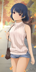 Rule 34 | 1girl, autumn leaves, bag, bare shoulders, blue hair, blue shorts, bob cut, brown bag, building, closed mouth, commentary, domestic na kanojo, expressionless, falling leaves, hair strand, handbag, head tilt, highres, holding strap, lamppost, leaf, looking at viewer, nekosuta, path, red eyes, ribbed sweater, road, short hair, short shorts, shorts, sleeveless, sleeveless turtleneck, solo, sweater, tachibana rui, turtleneck, turtleneck sweater, unamused, white sweater