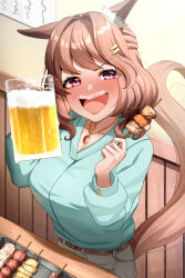 Rule 34 | 1girl, alcohol, animal ears, beer, beer mug, blush, breasts, brown hair, commentary request, cup, drunk, ear ornament, food, grey pants, hair ornament, hairclip, highres, holding, holding skewer, horse ears, horse girl, horse tail, indoors, jewelry, large breasts, light hello (umamusume), long sleeves, medium hair, motsushi, mug, necklace, open mouth, pants, purple eyes, ribbon hair, signature, skewer, smile, solo, tail, textless version, umamusume, v-shaped eyebrows