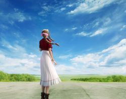 Rule 34 | 1girl, absurdres, aerith gainsborough, blue sky, bow, bracelet, braid, braided ponytail, brown hair, commentary, cropped jacket, day, dress, english commentary, final fantasy, final fantasy vii, final fantasy vii remake, from behind, hair bow, highres, jacket, jewelry, mountainous horizon, official art, pink bow, pink dress, red jacket, sky, solo, square enix, tree