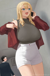 Rule 34 | 1boy, 1girl, armpits, blonde hair, blush, breasts, cardigan, claire lamund (nhaliz), covered erect nipples, fangs, fingernails, grey shirt, highres, holding, holding phone, huge breasts, indoors, looking at another, looking back, nail polish, nhaliz, original, patreon username, phone, red cardigan, shirt, shirt tucked in, shorts, sidelocks, smile, solo focus, talking on phone, watermark, white shorts, wide-eyed