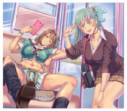 Rule 34 | 10s, 2girls, adapted costume, alternate hairstyle, bag, bag charm, black legwear, blazer, blue eyes, border, bracelet, breasts, brown hair, charm (object), choker, cigarette, cleavage, clothes around waist, collar, earrings, green eyes, green hair, gyaru, jacket, jacket around waist, jewelry, kantai collection, kogal, loose socks, maya (kancolle), md5 mismatch, midriff, multiple girls, navel, one side up, phone, plaid, plaid skirt, pleated skirt, remodel (kantai collection), resolution mismatch, ring, school bag, shirogami seisho, shirogamiseisyo, shoes, short hair, skirt, sleeves rolled up, smile, socks, source larger, suzuya (kancolle), sweater, sweater around waist, white border