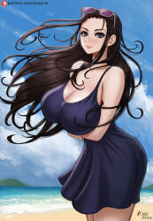 Rule 34 | 1girl, 2023, beach, breasts, dated, kyopink, large breasts, long hair, nico robin, ocean, one piece, solo