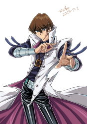 Rule 34 | 1boy, 2019, black pants, black shirt, blue eyes, brown hair, card, closed mouth, cowboy shot, dated, hair between eyes, index finger raised, kaiba seto, looking at viewer, male focus, pants, shiny clothes, shirt, signature, simple background, solo, white background, wube, yu-gi-oh!