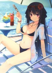 Rule 34 | 10s, 1girl, absurdres, akinashi yuu, ao no kanata no four rhythm, arm support, beach umbrella, bikini, black bikini, black hair, blush, bracelet, breasts, chair, cleavage, cup, day, drinking glass, eyewear on head, flower, food, hair ornament, hibiscus, highres, hood, hooded jacket, ice cream, jacket, jewelry, large breasts, leaning back, leg up, legs, long hair, looking at viewer, lounge chair, lying, navel, necklace, official art, outdoors, pendant, popsicle, purple eyes, scan, sitting, smile, solo, sunglasses, suzumori, sweat, swimsuit, thighs, tobisawa misaki, umbrella, wristband