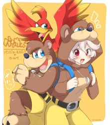 Rule 34 | 1boy, 2girls, animal, animal hood, backpack, bag, banjo, banjo-kazooie, banjo (banjo-kazooie), bear, bird, blue eyes, brown hair, corrin (female) (fire emblem), corrin (fire emblem), cosplay, crossover, eromame, feathers, fire emblem, fire emblem fates, gloves, green eyes, hair between eyes, hair ornament, hairband, hat, hood, instrument, kazooie (banjo-kazooie), long hair, looking at viewer, multiple girls, nintendo, open mouth, pointy ears, red eyes, silver hair, simple background, smile, snout, super smash bros., toon (style), wings