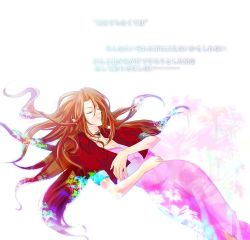 Rule 34 | 1990s (style), 1girl, aerith gainsborough, brown hair, dress, eni (yoyogieni), closed eyes, female focus, final fantasy, final fantasy vii, jacket, long hair, lying, solo, translation request, white background