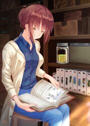 Rule 34 | 1girl, absurdres, blue pants, blue shirt, blush, book, bookshelf, breasts, brown eyes, brown hair, closed mouth, coat, collared shirt, commentary, dress shirt, english commentary, feet out of frame, fingernails, fumimaru, hair between eyes, hair bun, half-closed eyes, highres, holding, holding book, indoors, jam, jar, long sleeves, looking down, medium breasts, medium hair, misaki kyouko (summer pockets), mixed-language commentary, mole, mole under mouth, on chair, open book, open clothes, open coat, pants, photo (object), reading, shirt, signature, single hair bun, sitting, smile, solo, summer pockets, yellow coat