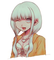 Rule 34 | 1girl, ;d, bad id, bad twitter id, bbjj 927, bikini, blue eyes, blunt bangs, breasts, cleavage, collarbone, commentary, cropped shoulders, danganronpa (series), danganronpa v3: killing harmony, dark-skinned female, dark skin, female focus, front-tie bikini top, front-tie top, highres, jacket, jewelry, long hair, looking at viewer, low twintails, medium breasts, necklace, one eye closed, open mouth, shell, shell necklace, simple background, smile, solo, swimsuit, symbol-only commentary, twintails, upper body, white background, yonaga angie