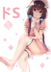 Rule 34 | 1girl, black hair, blend s, closed mouth, collared shirt, copyright name, gloves, hand up, head scarf, head tilt, highres, long hair, looking at viewer, low twintails, nahaki, no shoes, pink shirt, pink skirt, puffy short sleeves, puffy sleeves, purple eyes, sakuranomiya maika, shaded face, shirt, short sleeves, sitting, skirt, smile, solo, stile uniform, thighhighs, twintails, uniform, very long hair, waitress, white gloves, white thighhighs