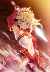 Rule 34 | 1girl, armpits, blonde hair, braid, breasts, choker, clarent (fate), fate/apocrypha, fate/grand order, fate (series), green eyes, hair ornament, hair scrunchie, highres, looking at viewer, mordred (fate), mordred (fate/apocrypha), navel, ponytail, red scrunchie, ribs, scrunchie, skirt, small breasts, smile, solo, teeth, usagineko, weapon