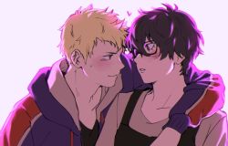 Rule 34 | 2boys, amamiya ren, apron, arm around shoulder, backlighting, black hair, blonde hair, blush, glasses, heart, highres, looking at another, male focus, multiple boys, persona, persona 5, persona 5 the animation, pink background, sakamoto ryuuji, simple background, yaoi