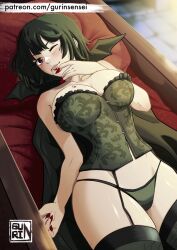 Rule 34 | 1girl, black cape, black corset, black hair, black thighhighs, blood, blood on face, blood on hands, breasts, cape, corset, fubuki (one-punch man), gurinsensei, large breasts, looking at viewer, lying, on back, one-punch man, red eyes, short hair, solo, thighhighs