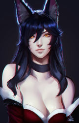 Rule 34 | 1girl, absurdres, ahri (league of legends), animal ears, bare shoulders, black choker, black hair, breasts, choker, cleavage, closed mouth, distr, fox ears, hair between eyes, highres, large breasts, league of legends, looking at viewer, orange eyes, signature, smile, solo, upper body